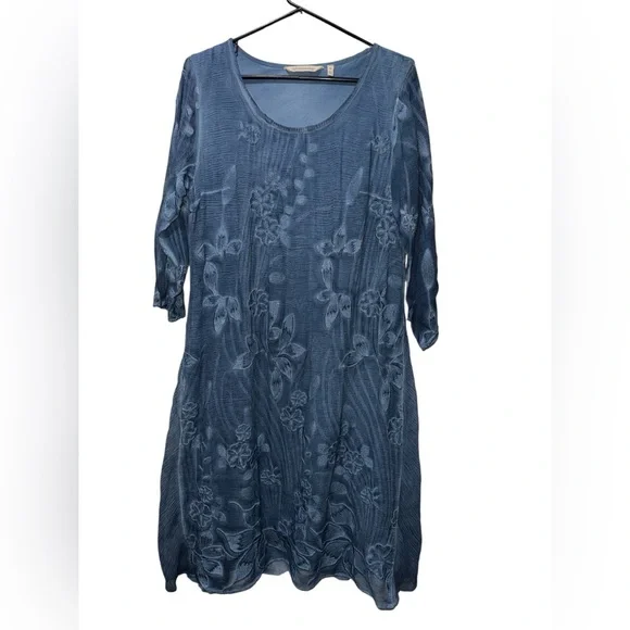 Soft Surroundings Womens PMedium Blue Silk Starling Embroidered Dress Bohemian - Picture 2 of 8
